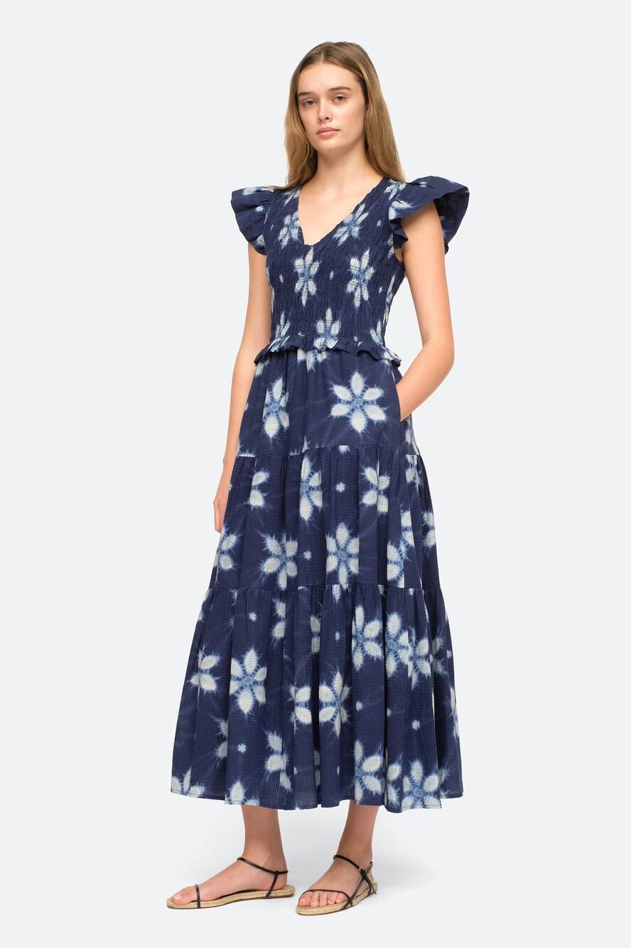 SEA Isla Midi Dress Navy Print Smocked Cotton Peasant Flutter Sleeve Women's 4 - Picture 1 of 12